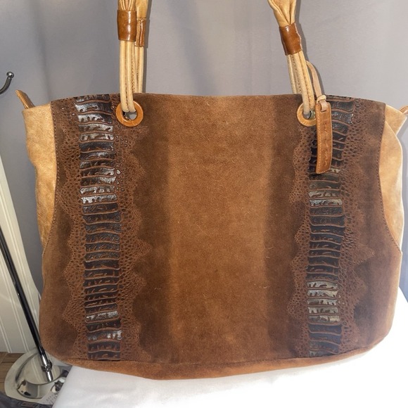 SABRINA SCALA Vintage Brown Suede Medium Leather Tote Hobo Handbag Purse - Picture 15 of 16